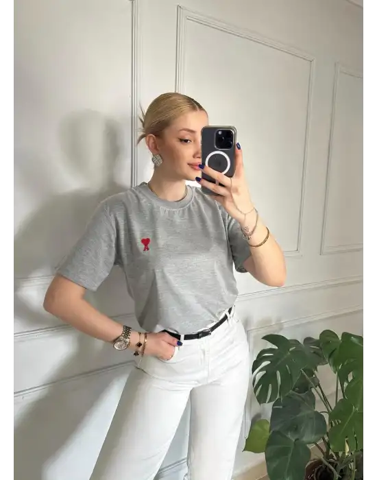 Kalp Nakış Orijinal Marka Oversize Pamuk Gri Tshirt