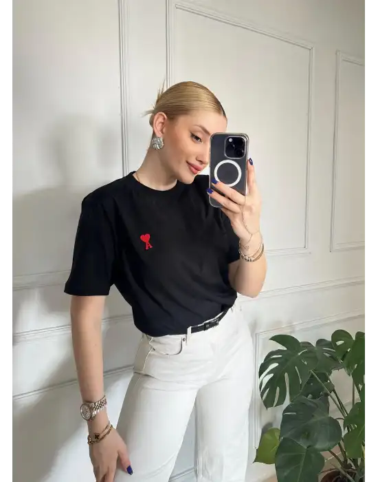 Kalp Nakış Orijinal Marka Oversize Pamuk Siyah Tshirt