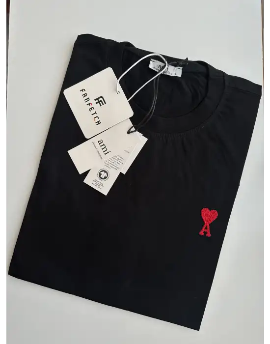 Kalp Nakış Orijinal Marka Oversize Pamuk Siyah Tshirt