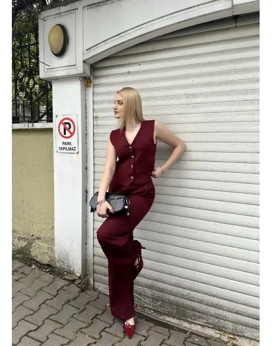 Laris Bordo Gold Kelebek Düğme Yelek Pantolon Takım