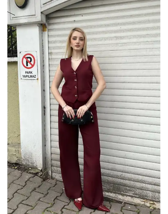 Laris Bordo Gold Kelebek Düğme Yelek Pantolon Takım