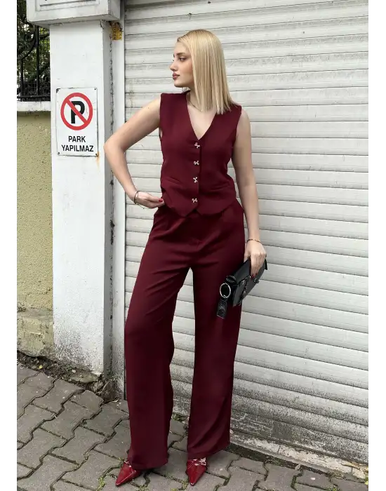 Laris Bordo Gold Kelebek Düğme Yelek Pantolon Takım