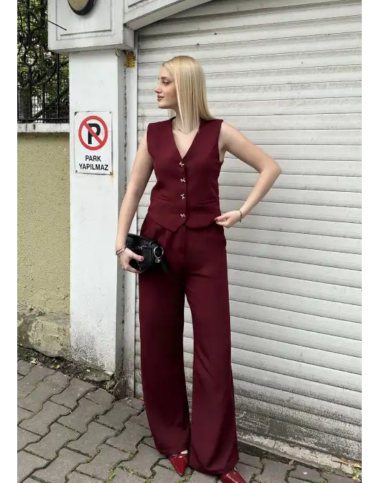 Laris Bordo Gold Kelebek Düğme Yelek Pantolon Takım