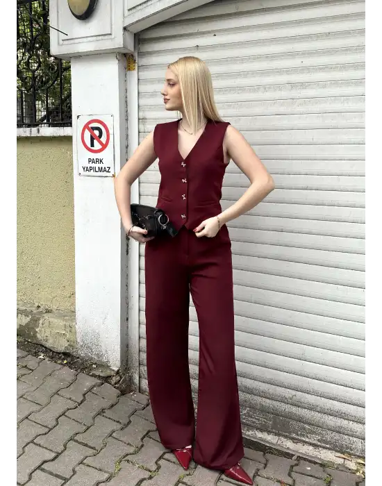 Laris Bordo Gold Kelebek Düğme Yelek Pantolon Takım