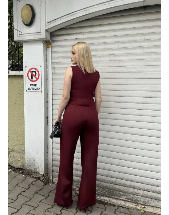 Laris Bordo Gold Kelebek Düğme Yelek Pantolon Takım