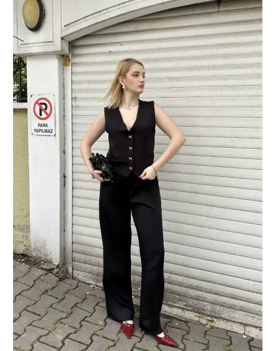 Laris Siyah Gold Kelebek Düğme Yelek Pantolon Takım