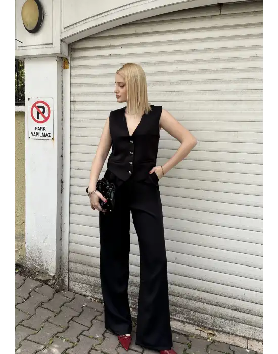 Laris Siyah Gold Kelebek Düğme Yelek Pantolon Takım