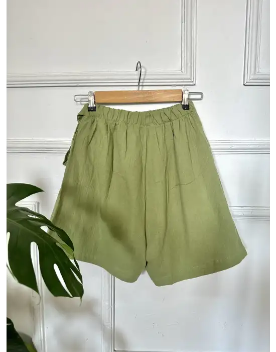 Lavina Haki Müslin Bağlamalı Şort Etek