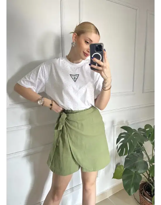 Lavina Haki Müslin Bağlamalı Şort Etek