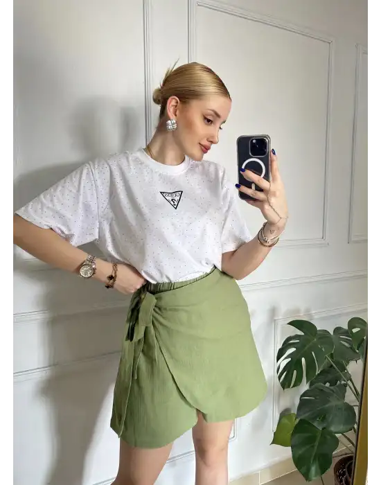 Lavina Haki Müslin Bağlamalı Şort Etek