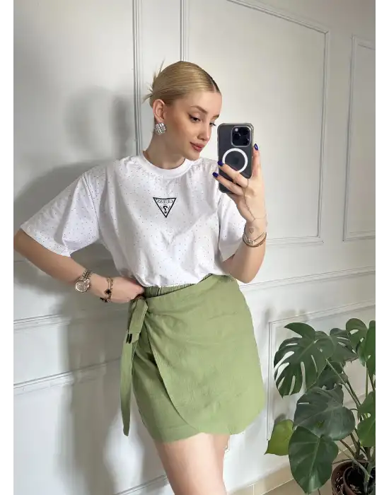 Lavina Haki Müslin Bağlamalı Şort Etek