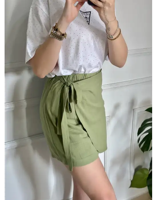 Lavina Haki Müslin Bağlamalı Şort Etek