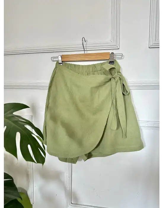 Lavina Haki Müslin Bağlamalı Şort Etek