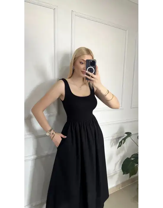 Lorane Askılı Alt Poplin Cepli Prenses Elbise