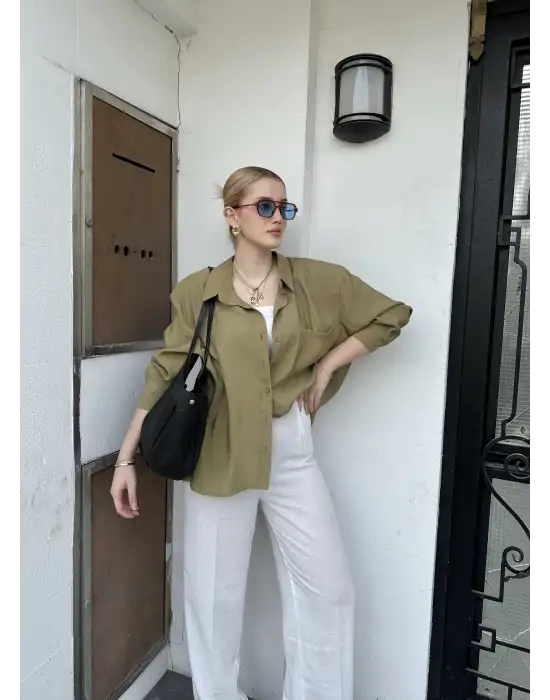 Massia Çağla Yeşil Tensel Oversize Gömlek