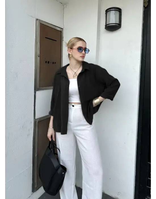 Massia Siyah Tensel Oversize Gömlek