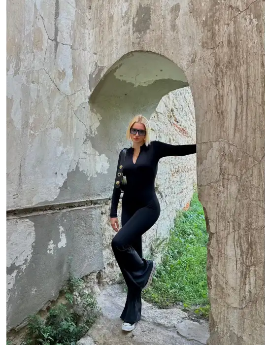 Mateo Fermuarlı İspanyol Paça Şardonlu Tayt Tulum