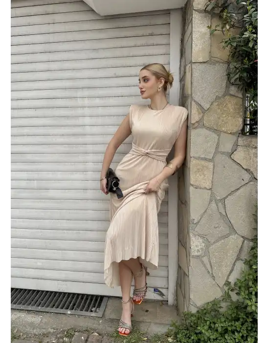 Melina Bej Düğüm Detay Piliseli Elbise