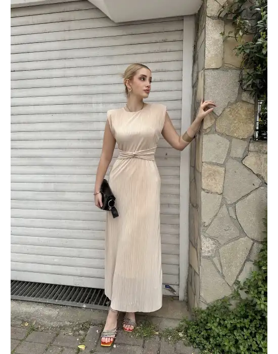 Melina Bej Düğüm Detay Piliseli Elbise