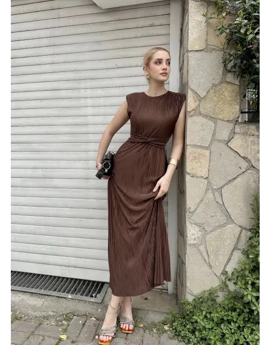 Melina Kahve Düğüm Detay Piliseli Elbise