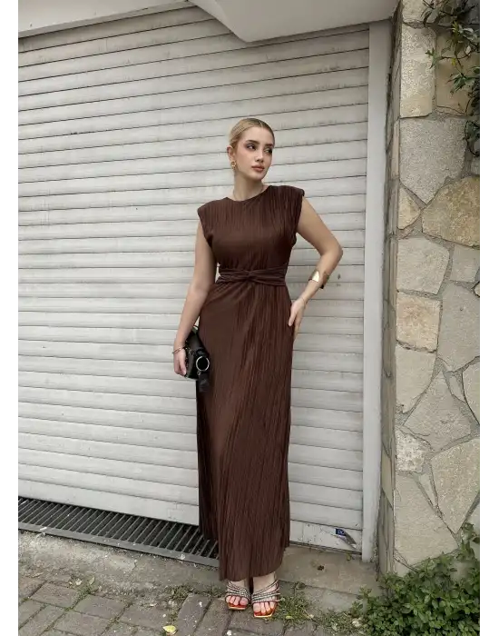 Melina Kahve Düğüm Detay Piliseli Elbise