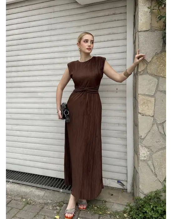Melina Kahve Düğüm Detay Piliseli Elbise
