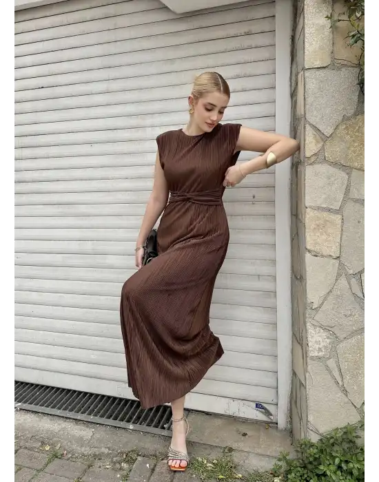 Melina Kahve Düğüm Detay Piliseli Elbise