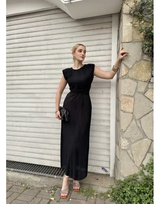 Melina Siyah Düğüm Detay Piliseli Elbise
