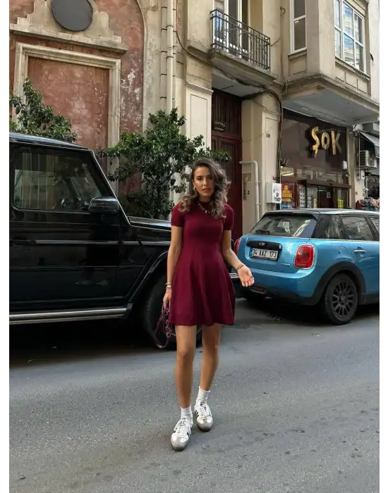 Mireva Bordo Volanlı Kısa Kol Modal Elbise