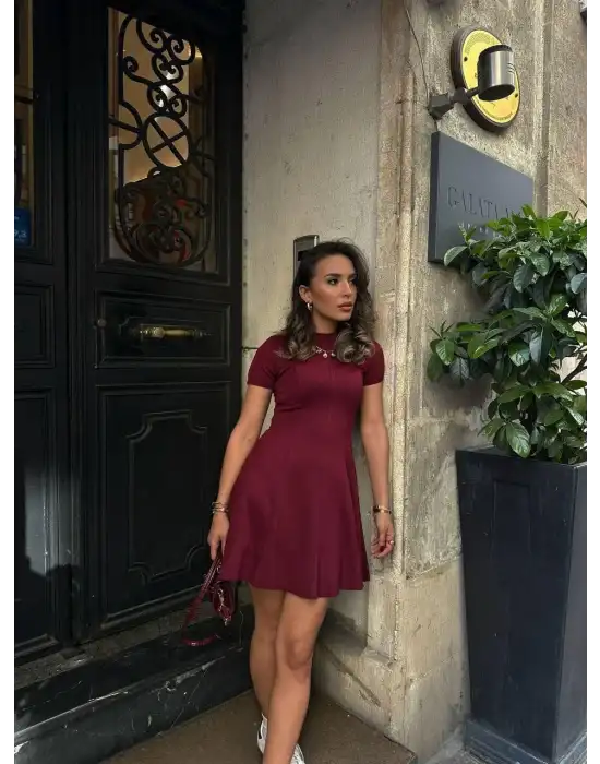 Mireva Bordo Volanlı Kısa Kol Modal Elbise