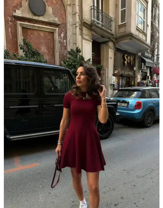Mireva Bordo Volanlı Kısa Kol Modal Elbise