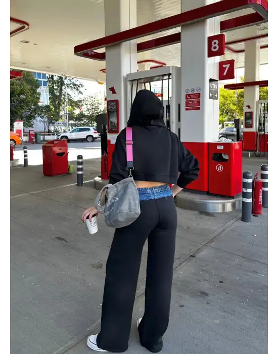 Molyn Şardonlu Kot Detay İkili Siyah Eşofman Takım