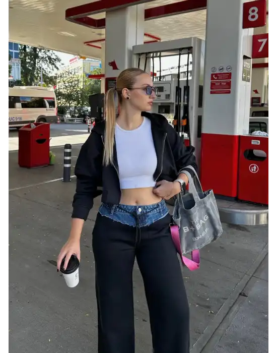 Molyn Şardonlu Kot Detay İkili Siyah Eşofman Takım