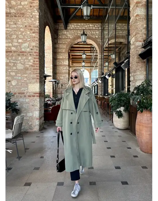 Mudo Haki Apolet Detay Premium Kalite Astarlı Trençkot