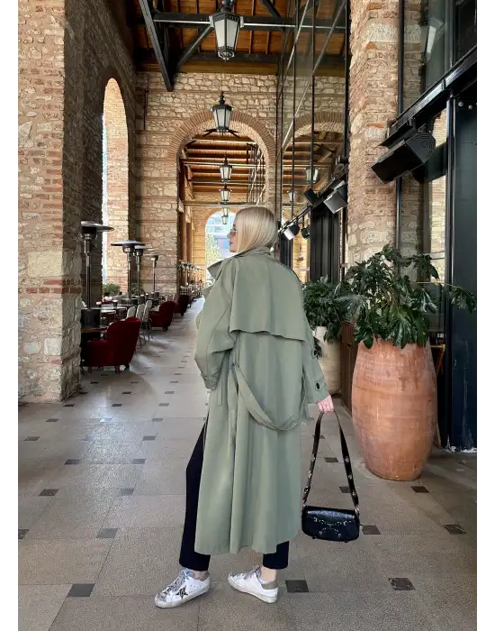 Mudo Haki Apolet Detay Premium Kalite Astarlı Trençkot