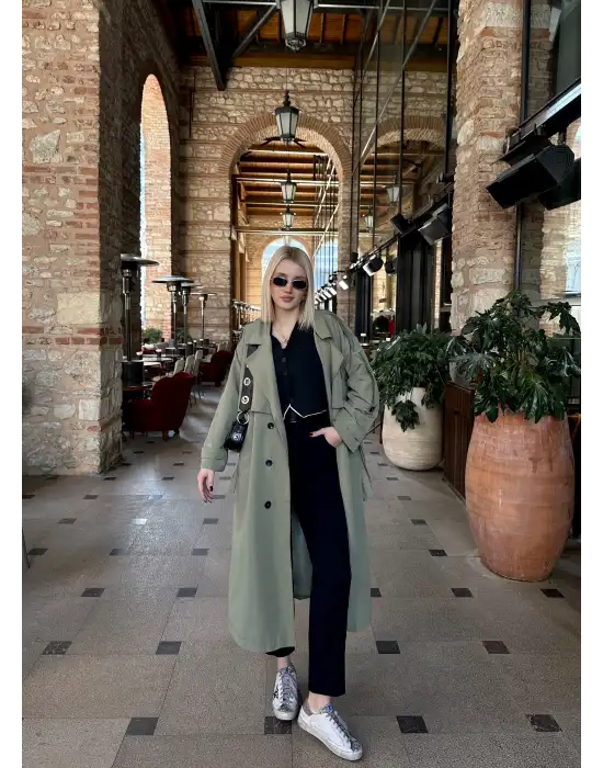 Mudo Haki Apolet Detay Premium Kalite Astarlı Trençkot