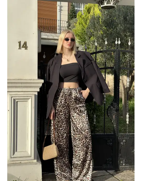 Nivy Gold Leopar Saten Pantolon