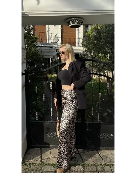 Nivy Gold Leopar Saten Pantolon