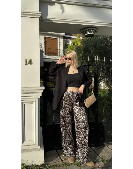 Nivy Gold Leopar Saten Pantolon