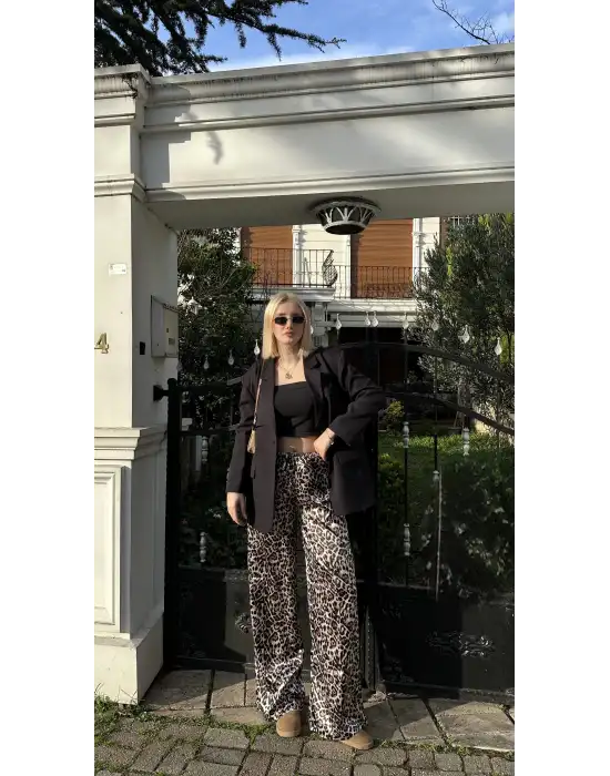 Nivy Gold Leopar Saten Pantolon