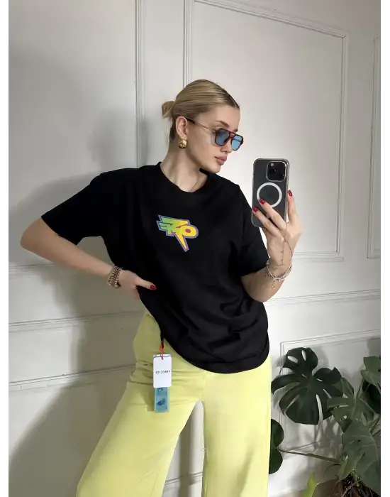 Off Baskılı Bisiklet Yaka %100 Pamuk Orijinal Marka Oversize Tshirt