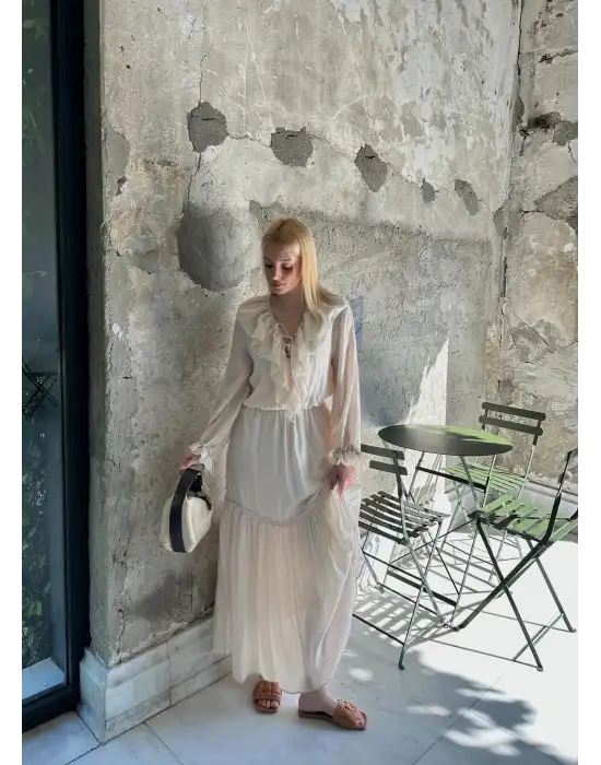 Olivette Fırfırlı Premium Astarlı Tam Boy Elbise