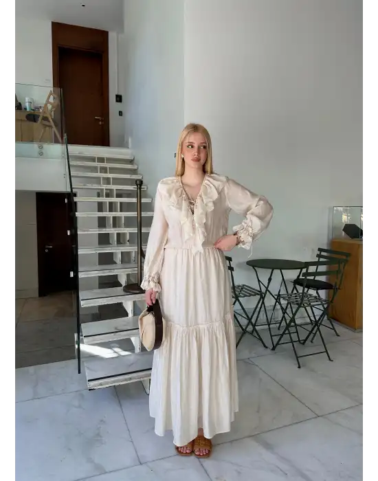 Olivette Fırfırlı Premium Astarlı Tam Boy Elbise