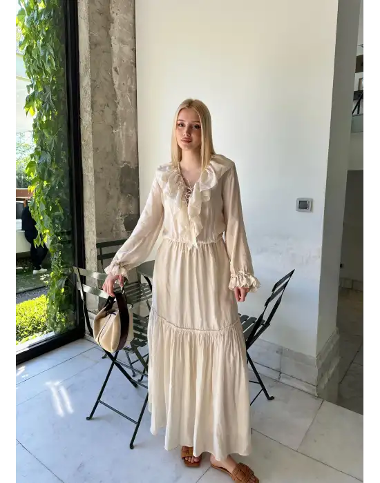 Olivette Fırfırlı Premium Astarlı Tam Boy Elbise