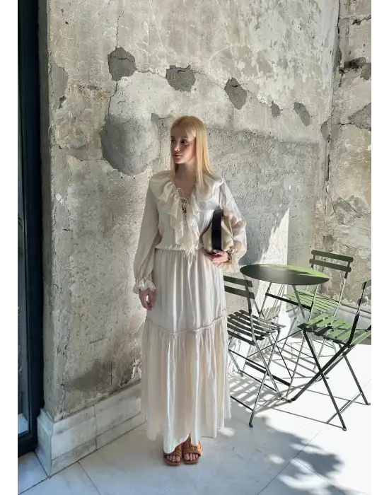 Olivette Fırfırlı Premium Astarlı Tam Boy Elbise