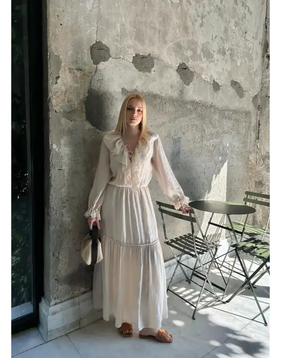 Olivette Fırfırlı Premium Astarlı Tam Boy Elbise