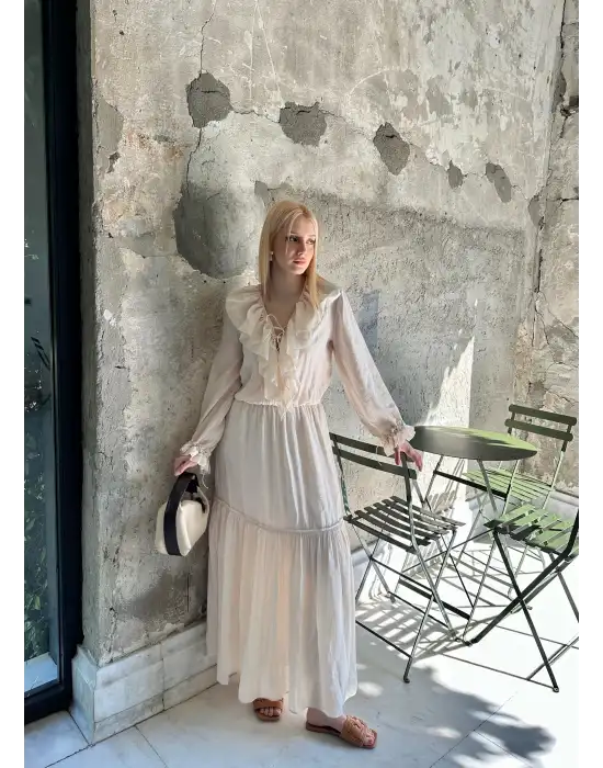 Olivette Fırfırlı Premium Astarlı Tam Boy Elbise