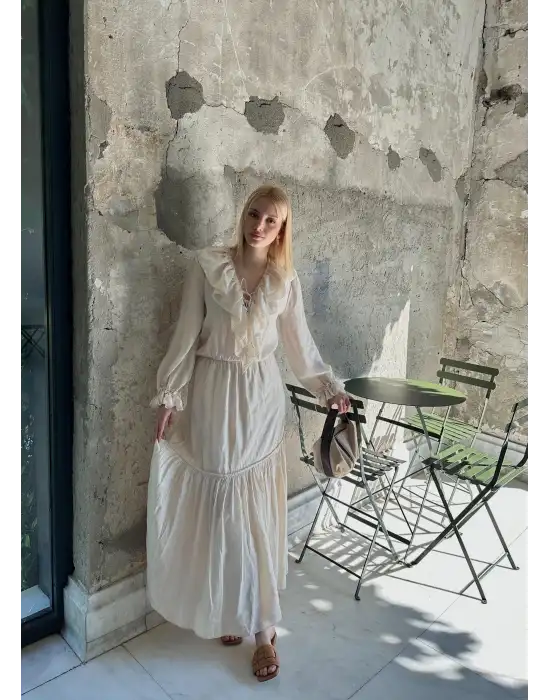 Olivette Fırfırlı Premium Astarlı Tam Boy Elbise