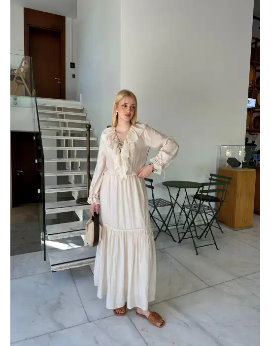 Olivette Fırfırlı Premium Astarlı Tam Boy Elbise