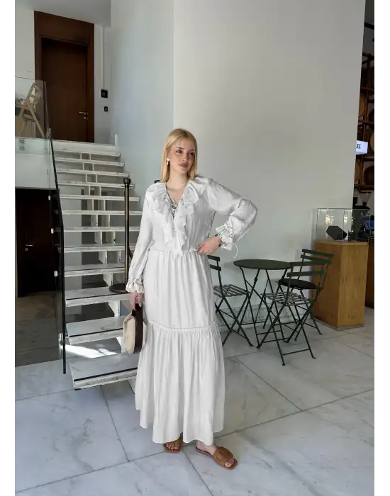 Olivette Kırık Beyaz Fırfırlı Premium Astarlı Tam Boy Elbise